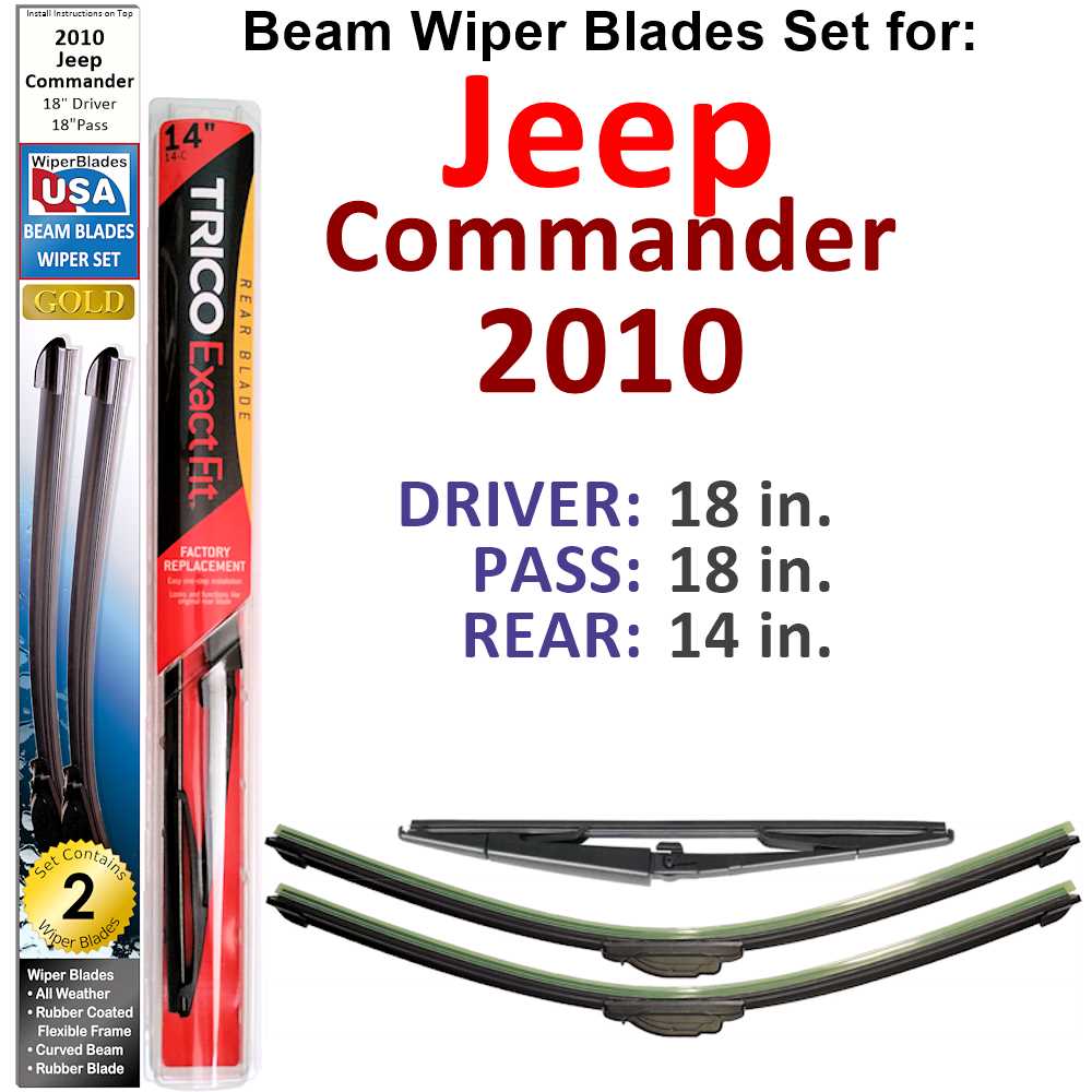Set of 3 Beam Wiper Blades designed for 2010 Jeep Commander, showcasing their flexible and durable construction.