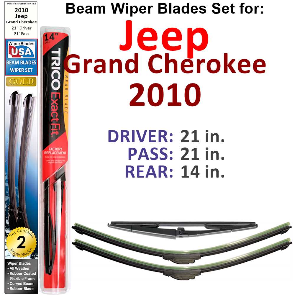 Set of 3 Beam Wiper Blades designed for 2010 Jeep Grand Cherokee, showcasing their flexible and durable construction.