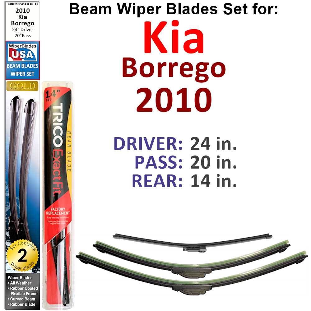 Set of 3 Beam Wiper Blades designed for 2010 Kia Borrego, showcasing their flexible and durable construction.