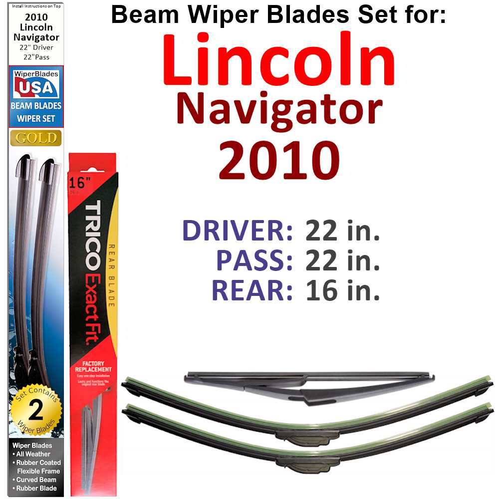 Set of 3 Beam Wiper Blades designed for 2010 Lincoln Navigator, showcasing their flexible and sealed construction for optimal performance.