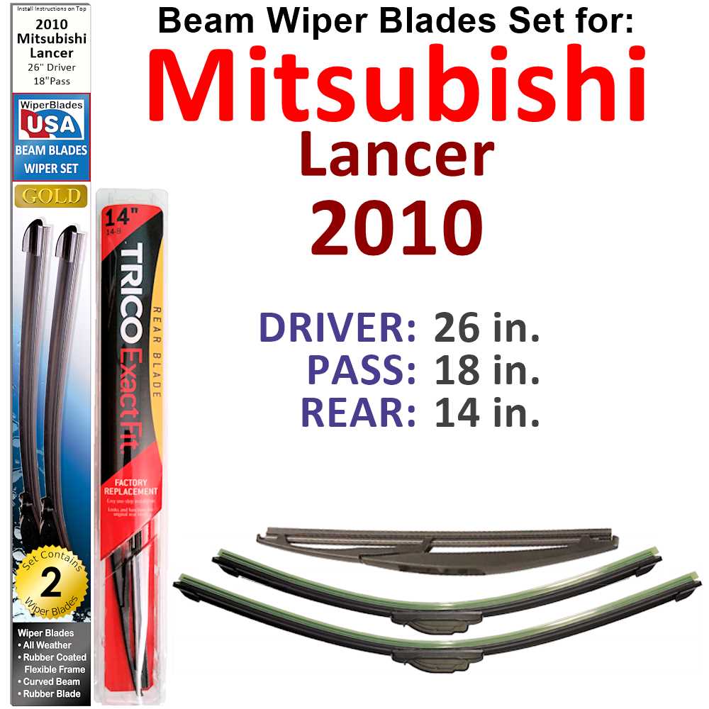 Set of 3 Beam Wiper Blades designed for 2010 Mitsubishi Lancer Ralliart, showcasing their flexible and durable construction.