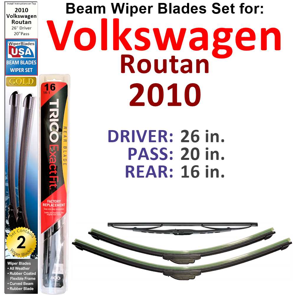 Set of 3 Beam Wiper Blades designed for 2010 Volkswagen Routan, showcasing their flexible and durable construction.