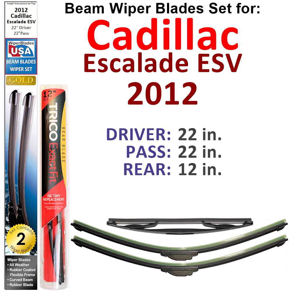 Set of 3 Beam Wiper Blades designed for 2012 Cadillac Escalade ESV, showcasing their flexible and durable construction.