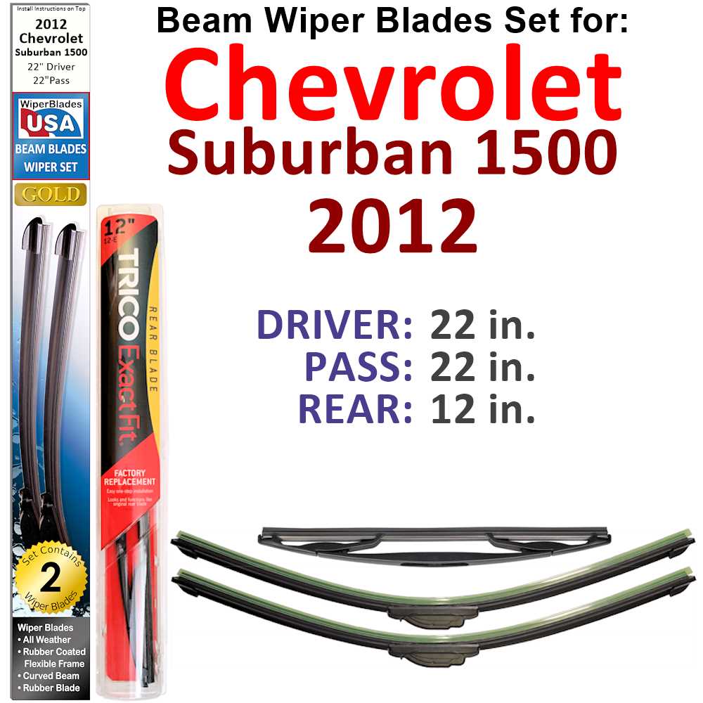 Set of 3 Beam Wiper Blades designed for 2012 Chevrolet Suburban 1500, showcasing their flexible and durable construction.