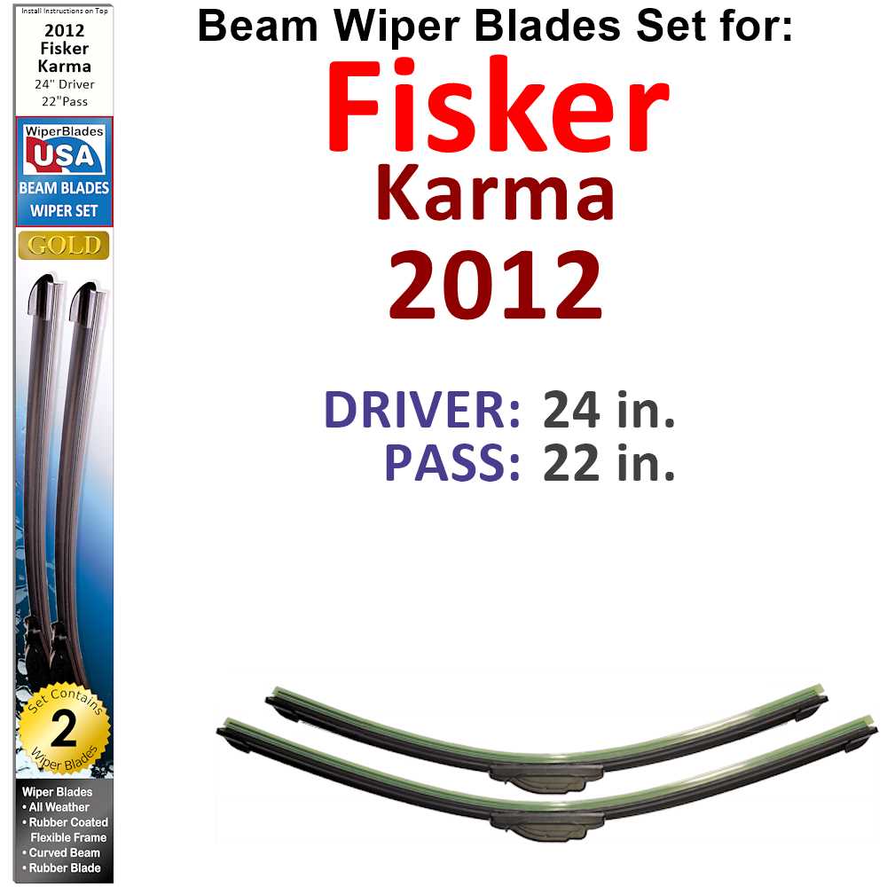 Set of two Beam Wiper Blades designed for 2012 Fisker Karma, showcasing their flexible and durable construction.
