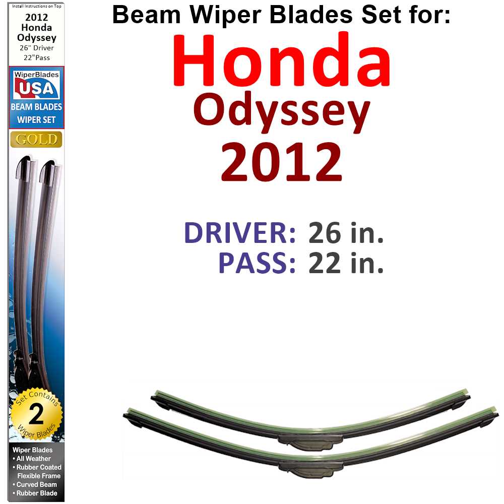 Set of two Beam Wiper Blades designed for 2012 Honda Odyssey, showcasing their flexible and durable construction.