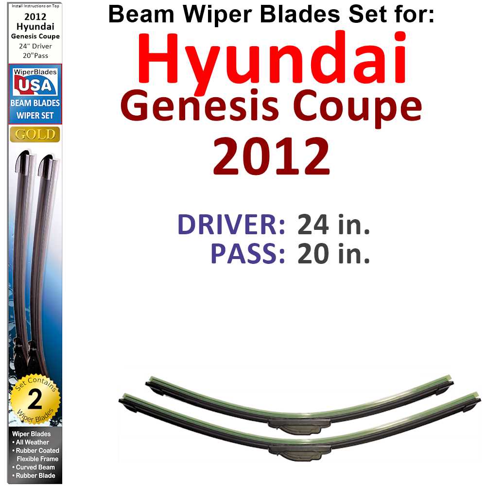 Set of two Beam Wiper Blades designed for 2012 Hyundai Genesis Coupe, showcasing their flexible and durable construction.