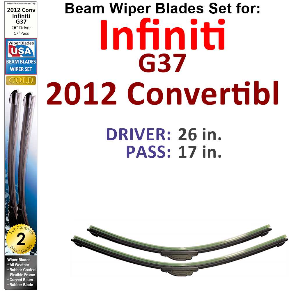 Set of two Beam Wiper Blades designed for 2012 Infiniti G37 Convertible, showcasing their sleek design and durable construction.