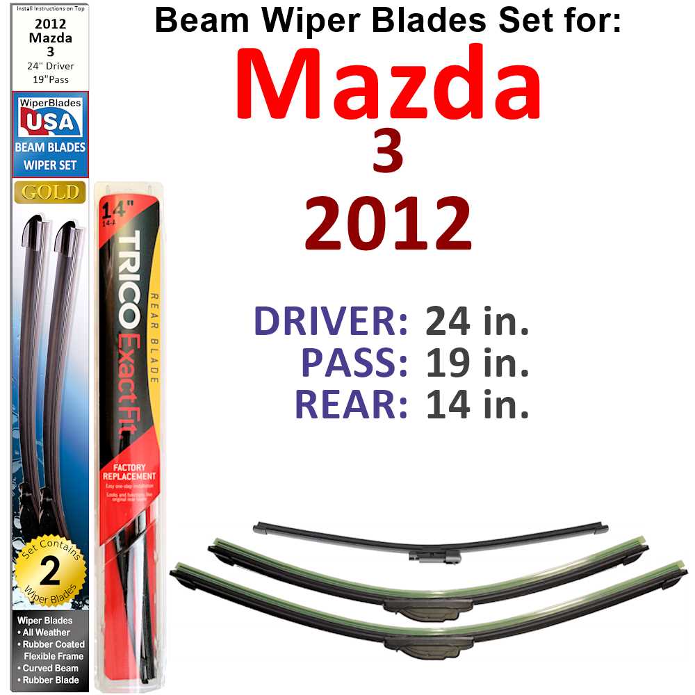 Set of 3 Beam Wiper Blades designed for 2012 Mazda 3, showcasing their flexible and durable design.