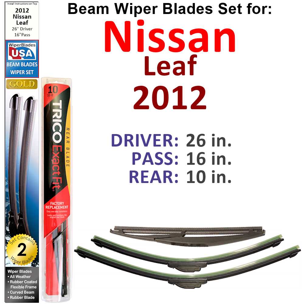 Set of 3 Beam Wiper Blades designed for 2012 Nissan Leaf, showcasing their flexible and durable construction.