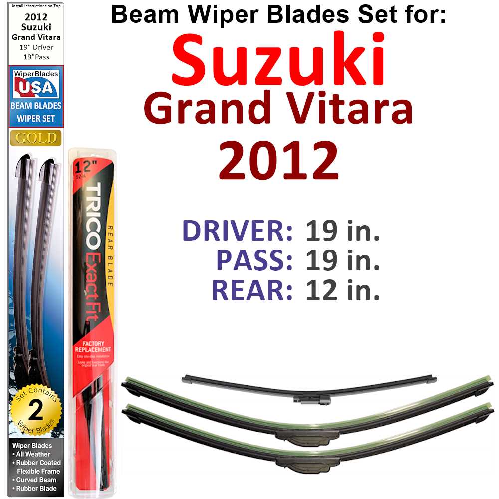 Set of 3 Beam Wiper Blades designed for 2012 Suzuki Grand Vitara, showcasing their flexible and durable design.