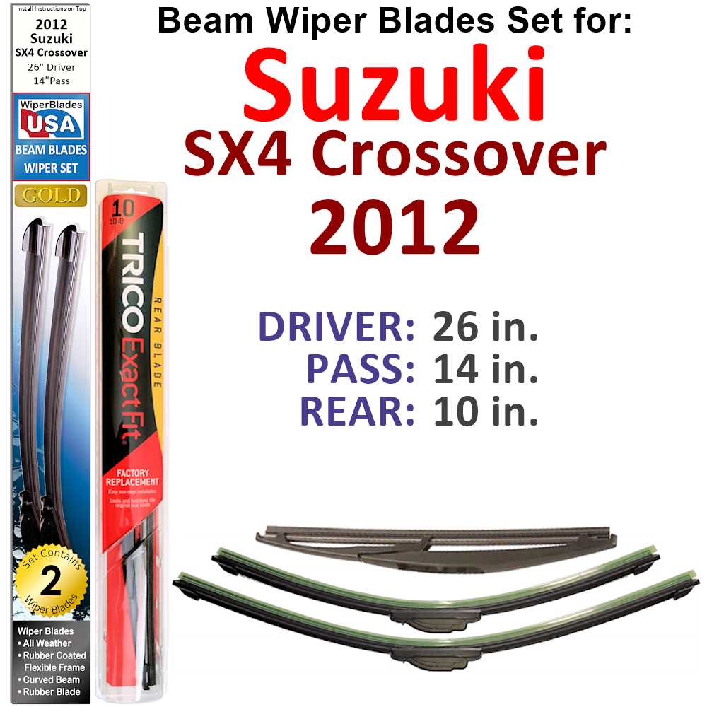 Set of 3 Beam Wiper Blades for 2012 Suzuki SX4 Crossover, showcasing their flexible design and rubber encasing.