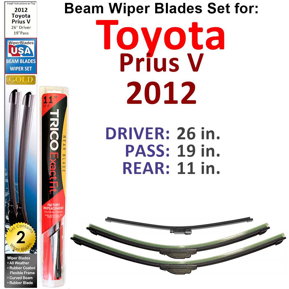 Set of 3 Beam Wiper Blades designed for 2012 Toyota Prius V, showcasing their flexible and durable construction.