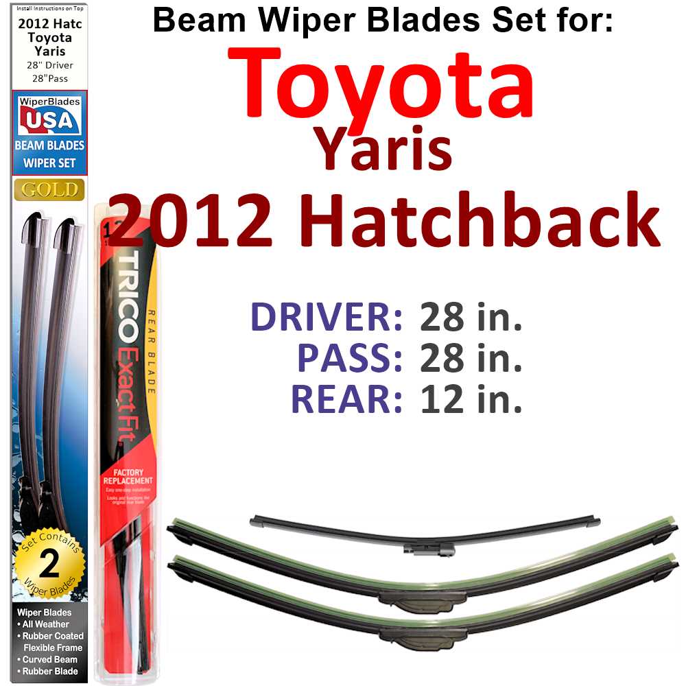 Set of 3 Beam Wiper Blades designed for 2012 Toyota Yaris Hatchback, showcasing their flexible and durable design.