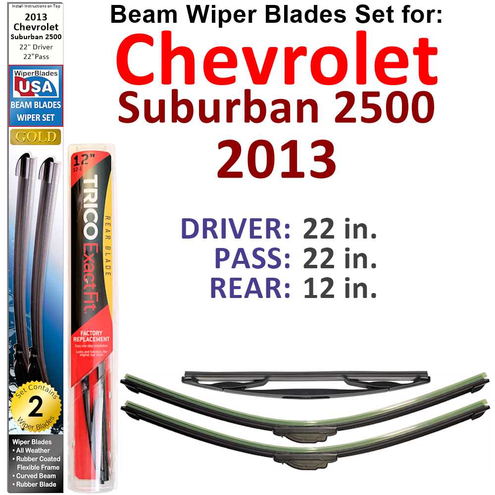Set of 3 Beam Wiper Blades designed for 2013 Chevrolet Suburban 2500, showcasing their flexible and durable design.