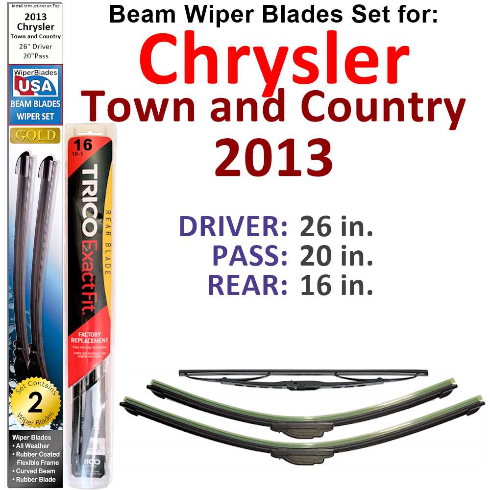 Set of 3 Beam Wiper Blades designed for 2013 Chrysler Town and Country, showcasing their flexible and durable construction.