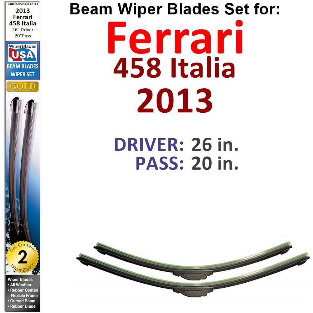 Set of two Beam Wiper Blades designed for 2013 Ferrari 458 Italia, showcasing their sleek design and durable construction.