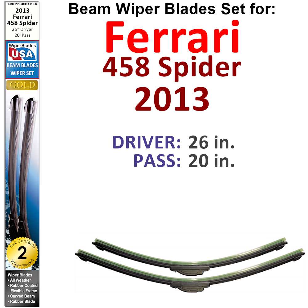 Set of two Beam Wiper Blades designed for 2013 Ferrari 458 Spider, showcasing their sleek design and durable construction.