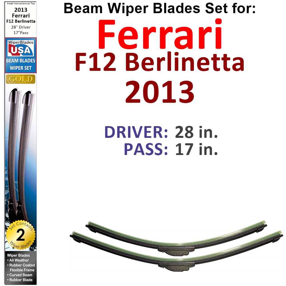 Set of 2 Beam Wiper Blades designed for 2013 Ferrari F12 Berlinetta, showcasing their sleek design and durable construction.