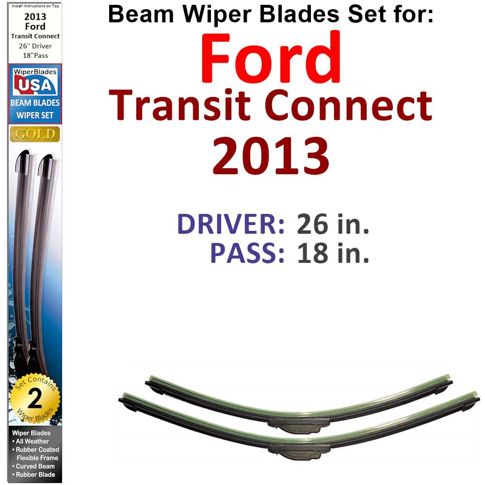 Set of two Beam Wiper Blades designed for 2013 Ford Transit Connect, showcasing their flexible and durable construction.