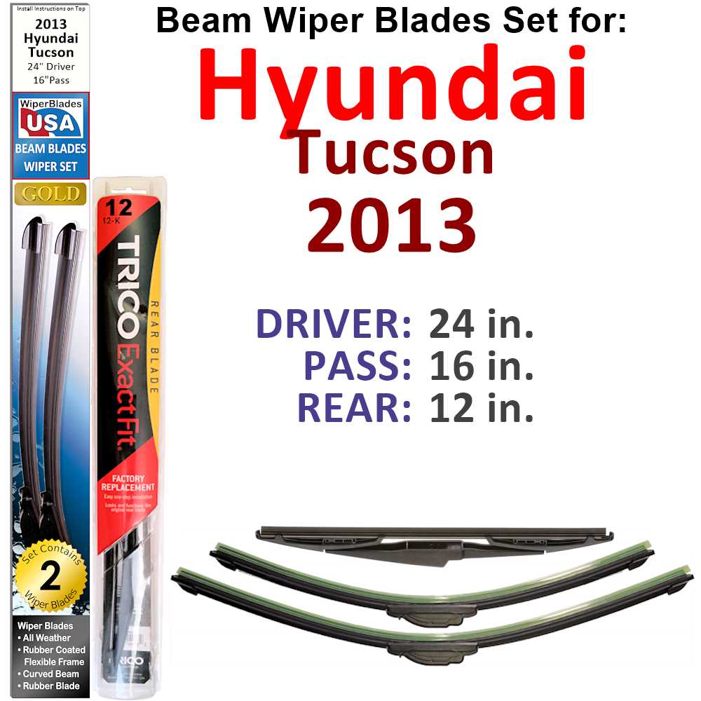 Set of 3 Beam Wiper Blades designed for 2013 Hyundai Tucson, showcasing their flexible and durable design.