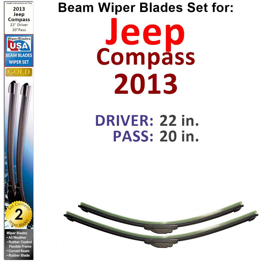 Set of two Beam Wiper Blades designed for 2013 Jeep Compass, showcasing their flexible and durable construction.