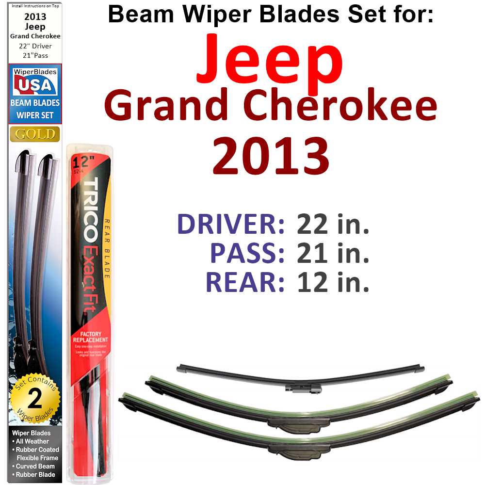 Set of 3 Beam Wiper Blades designed for 2013 Jeep Grand Cherokee, showcasing their flexible and durable construction.