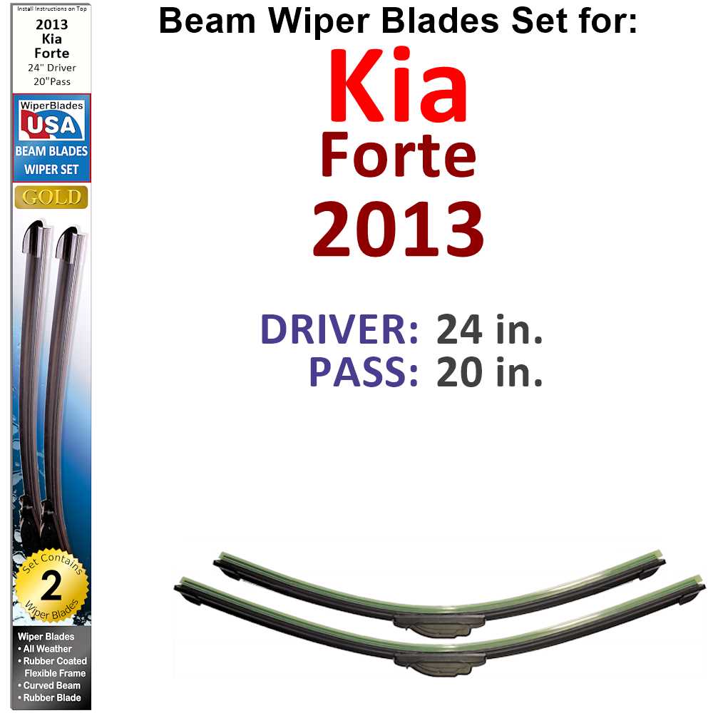 Set of two Beam Wiper Blades designed for 2013 Kia Forte, showcasing their sleek design and durable construction.
