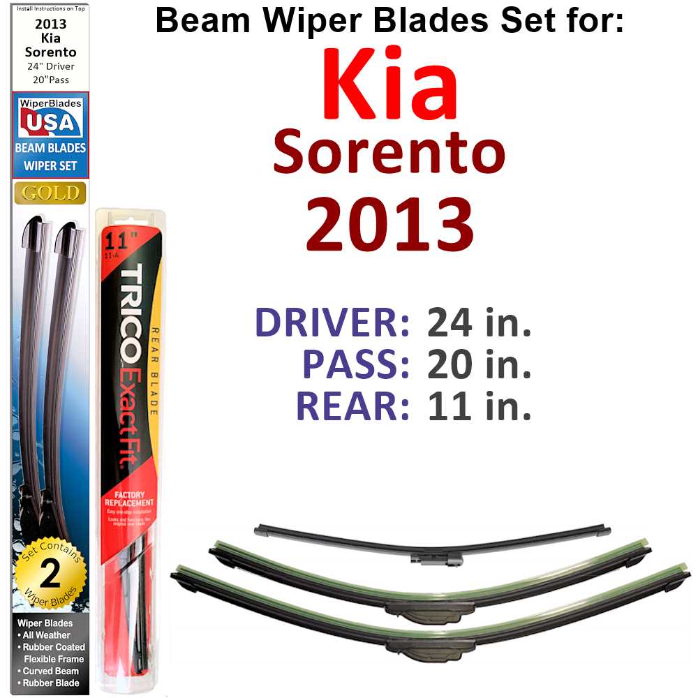 Set of 3 Beam Wiper Blades designed for 2013 Kia Sorento, showcasing their flexible and durable construction.