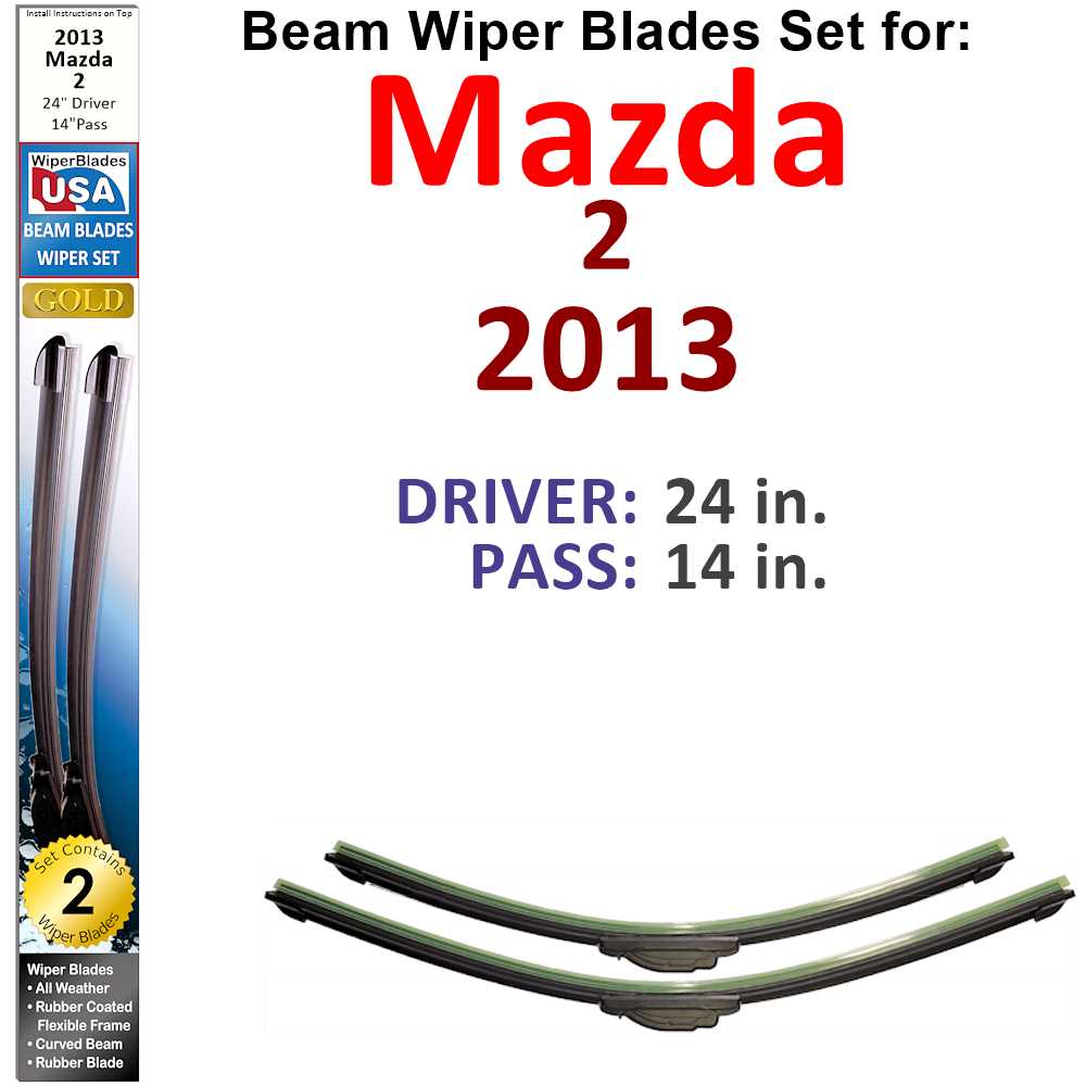 Set of two Beam Wiper Blades designed for 2013 Mazda 2, showcasing their flexible and durable construction.