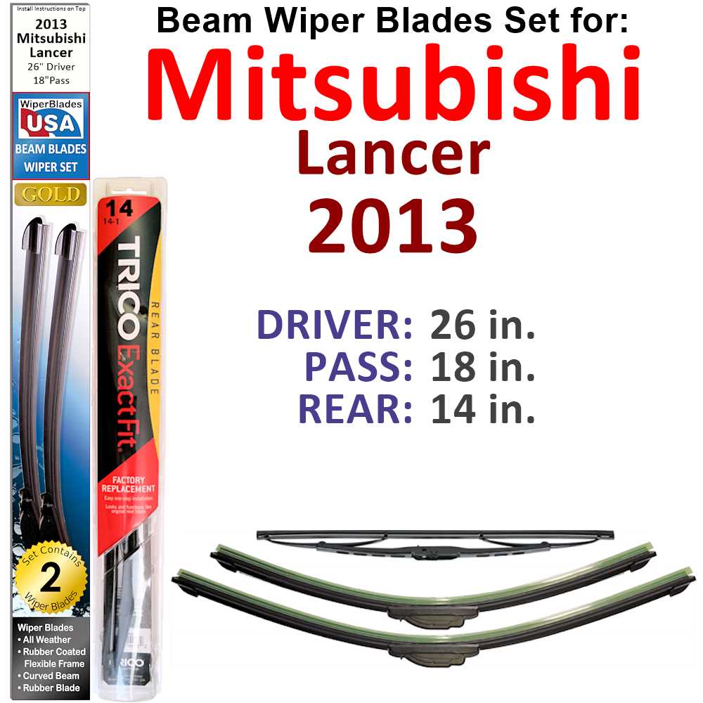 Set of 3 Beam Wiper Blades designed for 2013 Mitsubishi Lancer, showcasing their flexible and durable construction.