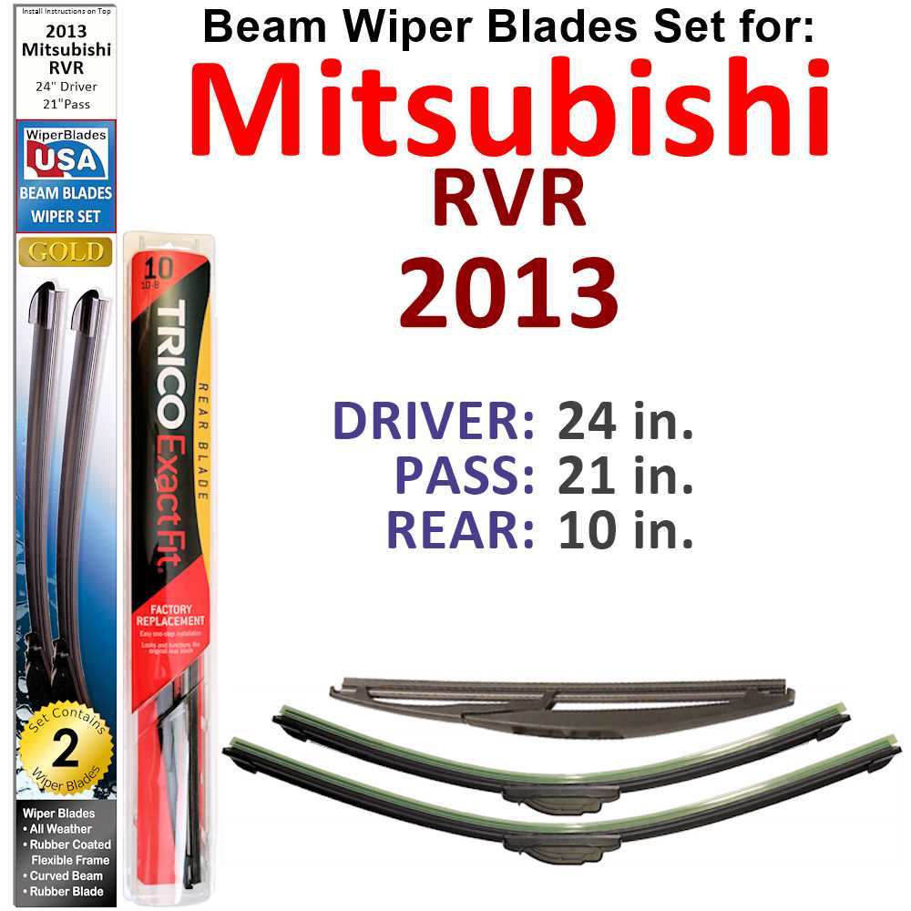Set of 3 Beam Wiper Blades designed for 2013 Mitsubishi RVR, showcasing their flexible and durable design.