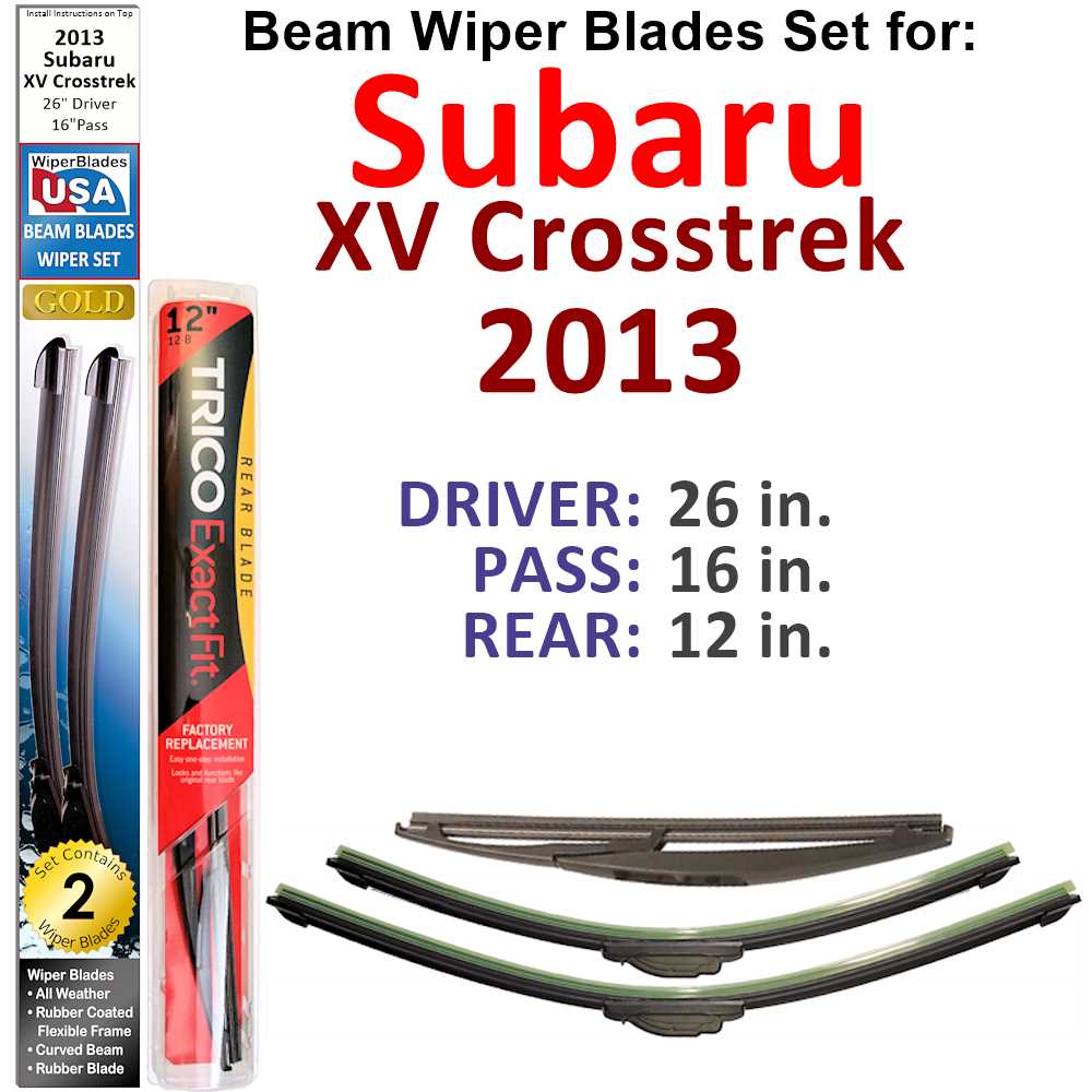 Set of 3 Beam Wiper Blades designed for 2013 Subaru XV Crosstrek, showcasing their flexible and durable construction.