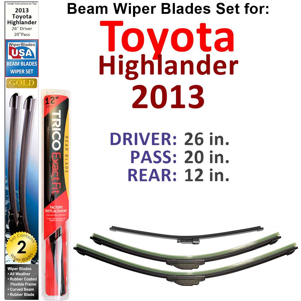 Set of 3 Beam Wiper Blades designed for 2013 Toyota Highlander, showcasing their flexible and durable construction.