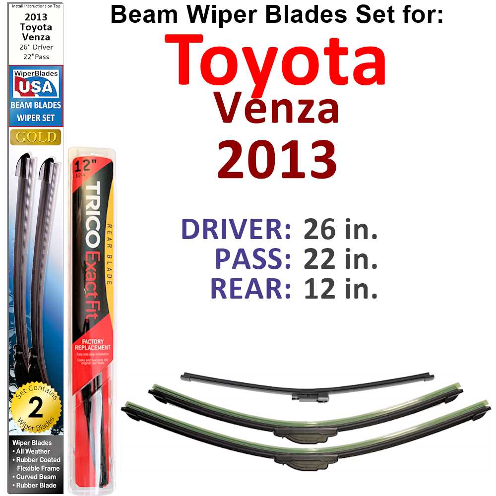 Set of 3 Beam Wiper Blades designed for 2013 Toyota Venza, showcasing their flexible and durable construction.