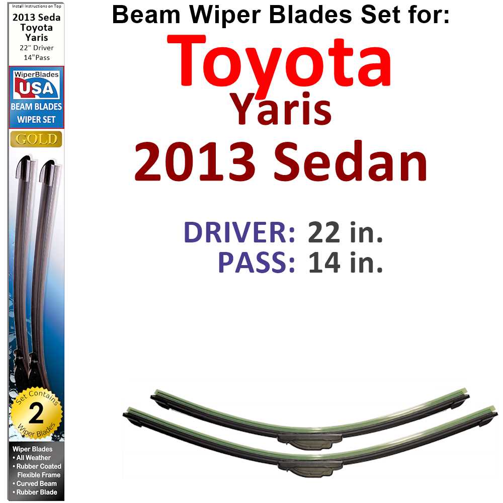 Set of two Beam Wiper Blades designed for 2013 Toyota Yaris Sedan, showcasing their flexible and durable construction.