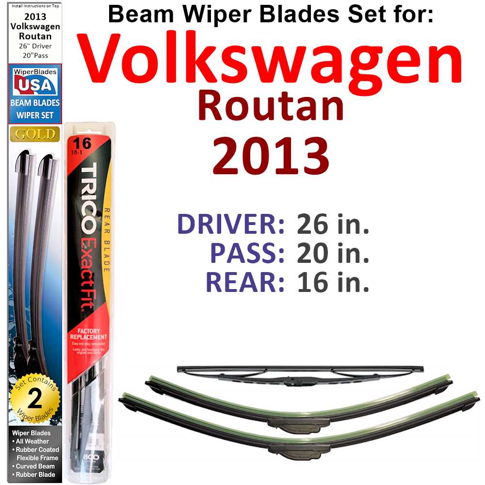 Set of 3 Beam Wiper Blades designed for 2013 Volkswagen Routan, showcasing their flexible and durable construction.