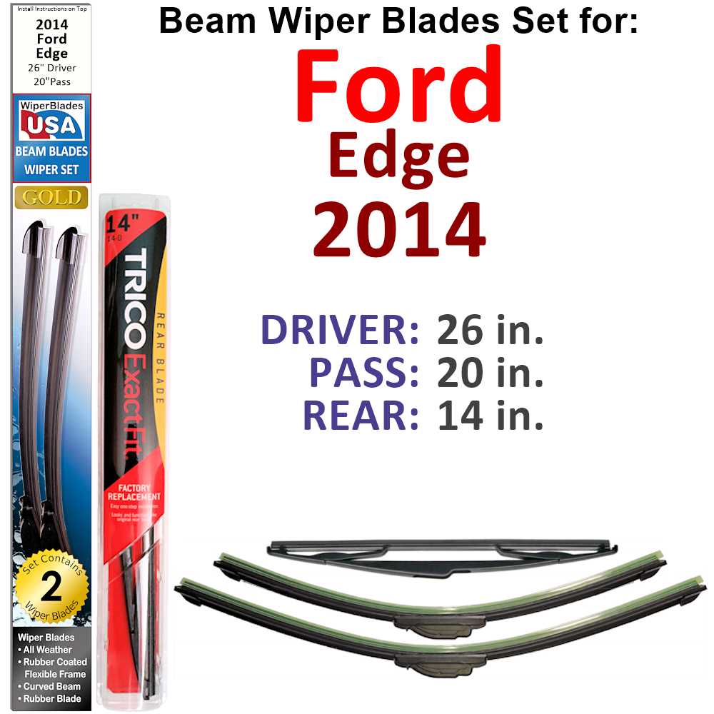 Set of 3 Beam Wiper Blades designed for 2014 Ford Edge, showcasing their flexible and durable construction.