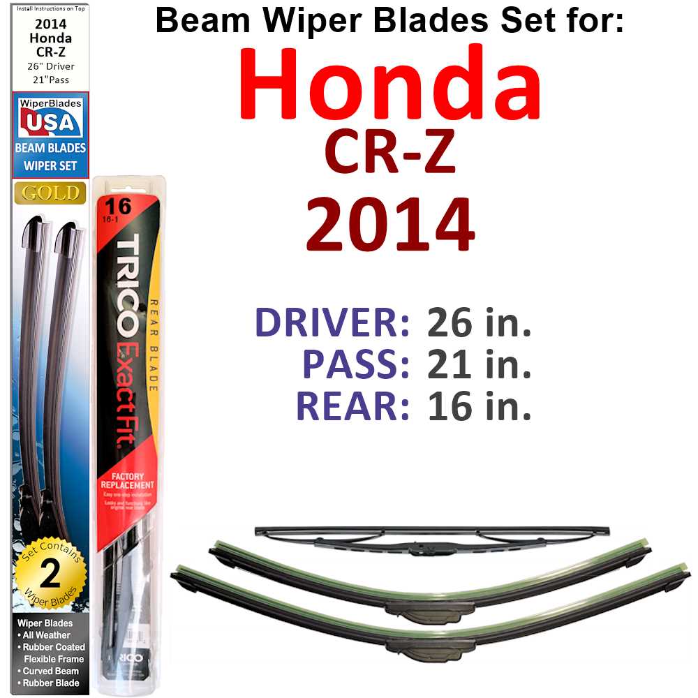 Set of 3 Beam Wiper Blades designed for 2014 Honda CR-Z, showcasing their flexible and durable construction.