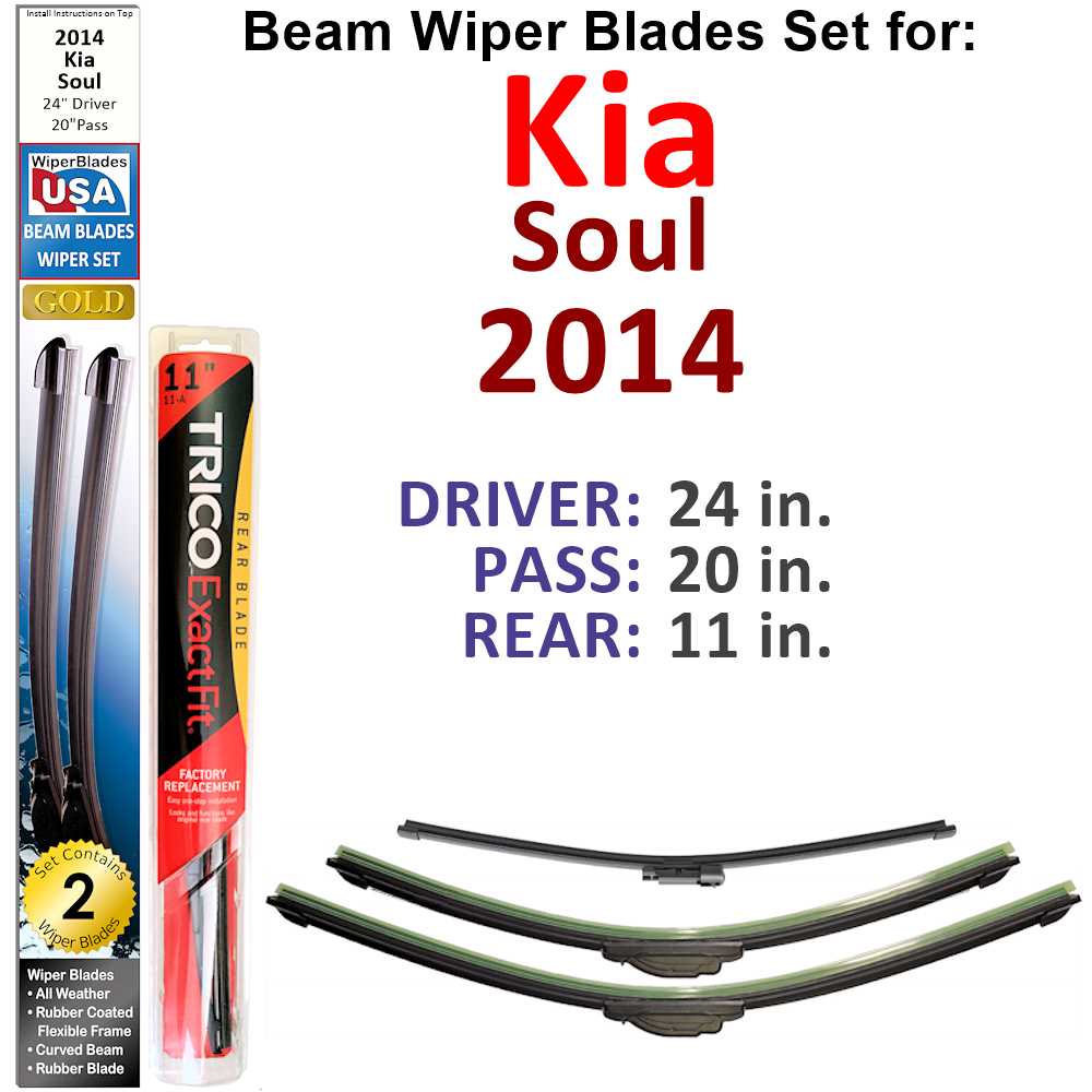 Set of 3 Beam Wiper Blades designed for 2014 Kia Soul, showcasing their flexible and durable construction.