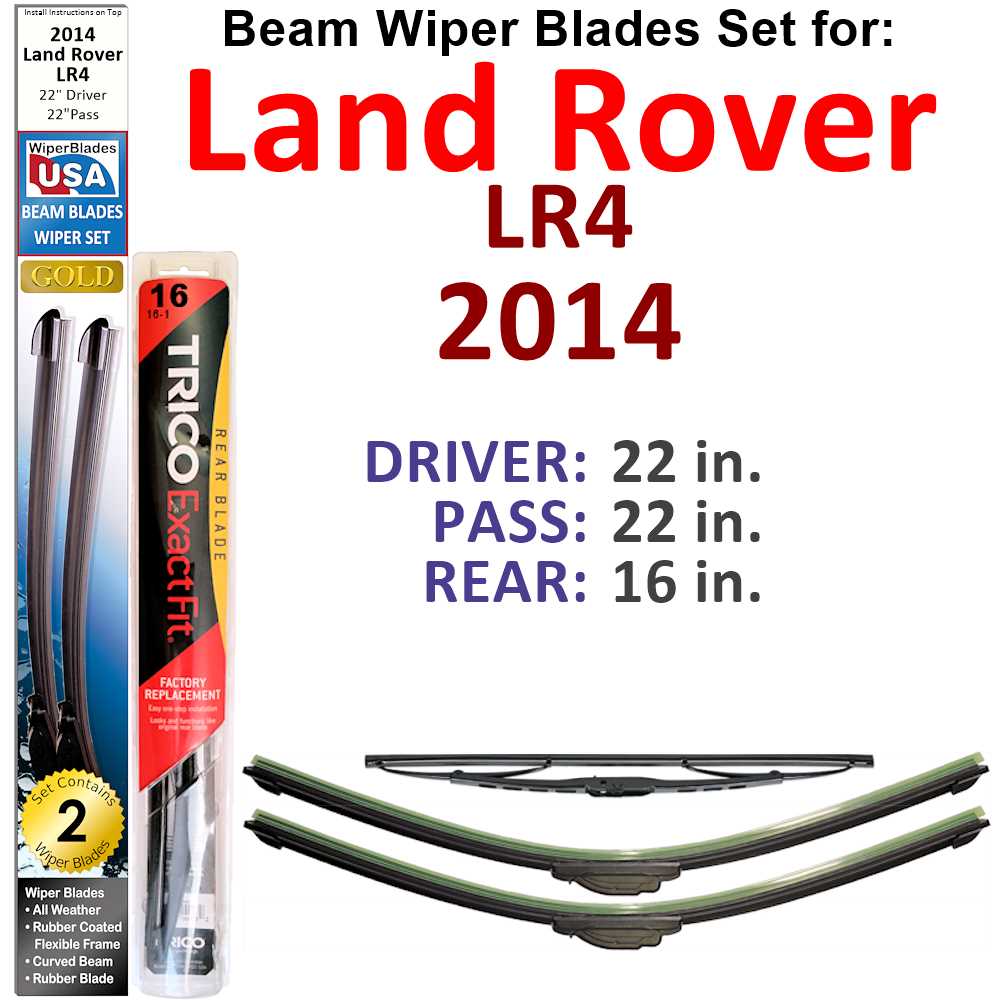 Set of 3 Beam Wiper Blades designed for 2014 Land Rover LR4, showcasing their sleek design and durable construction.