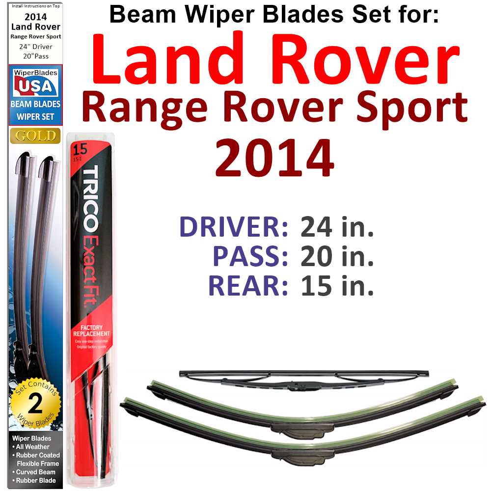 Set of 3 Beam Wiper Blades designed for 2014 Land Rover Range Rover Sport, showcasing their flexible and durable design.