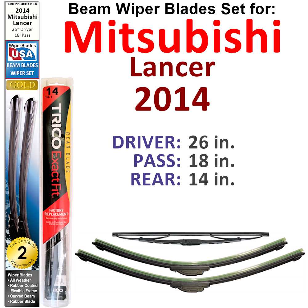 Set of 3 Beam Wiper Blades designed for 2014 Mitsubishi Lancer, showcasing their flexible and durable construction.