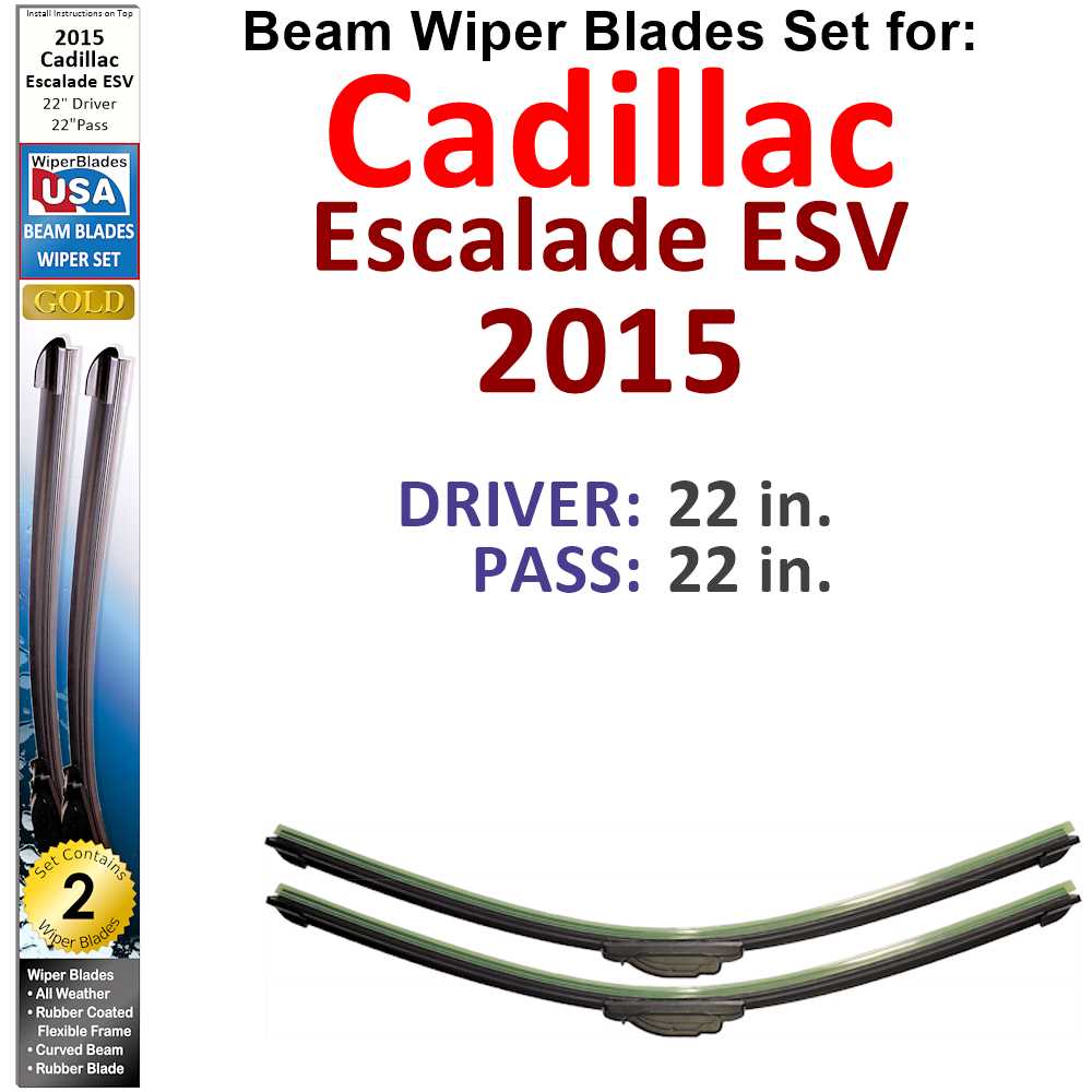 Set of 2 Beam Wiper Blades designed for 2015 Cadillac Escalade ESV, showcasing their flexible and sealed design for optimal windshield cleaning.