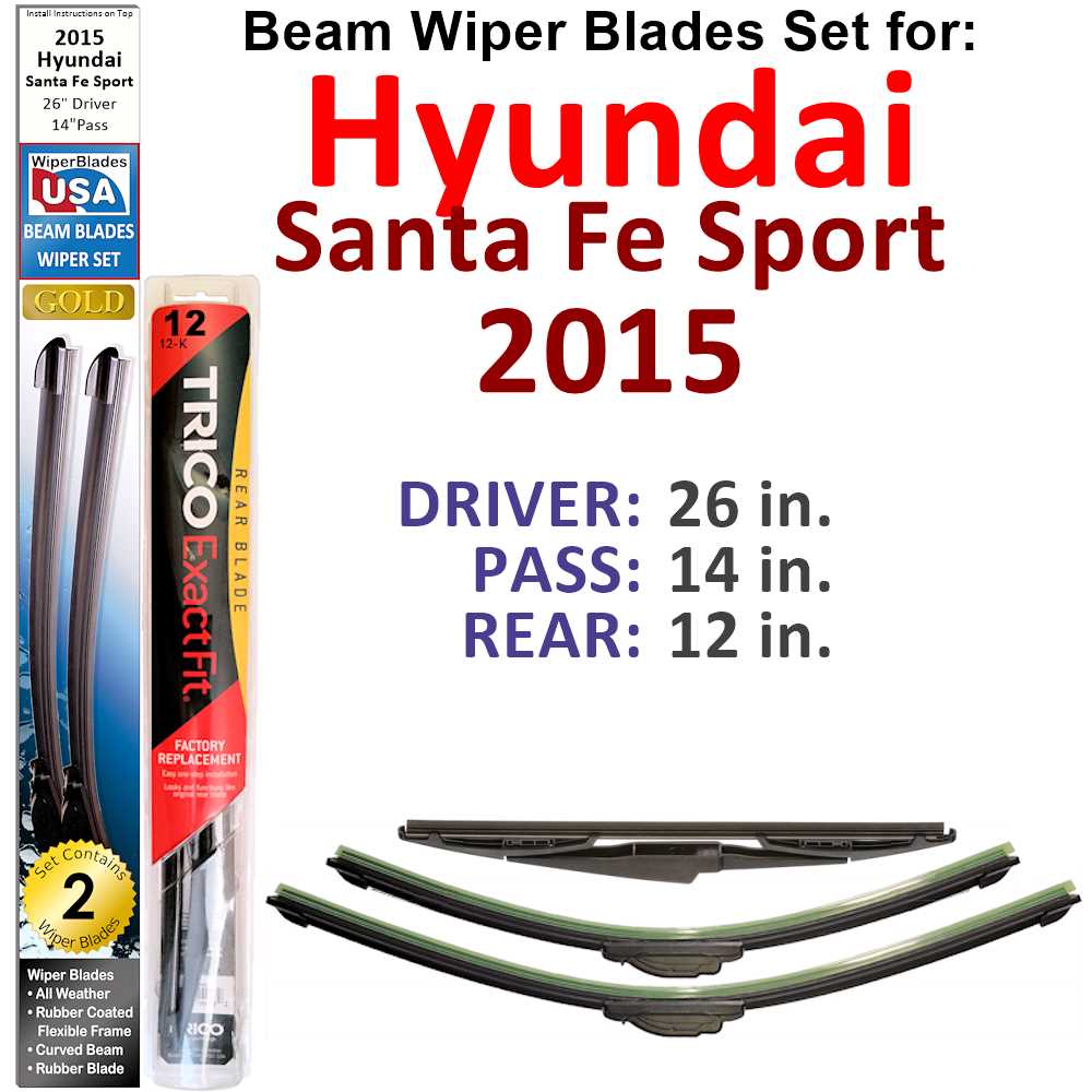 Set of 3 Beam Wiper Blades designed for 2015 Hyundai Santa Fe Sport, showcasing their flexible and durable construction.