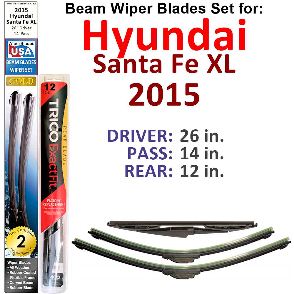 Set of 3 Beam Wiper Blades designed for 2015 Hyundai Santa Fe XL, showcasing their flexible and durable construction.