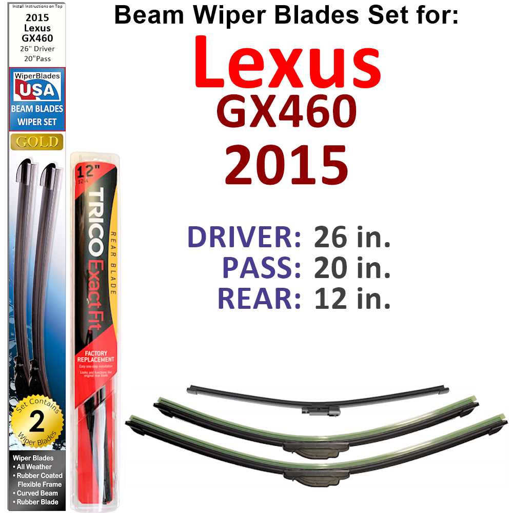 Set of 3 Beam Wiper Blades designed for 2015 Lexus GX460, showcasing their flexible and durable construction.