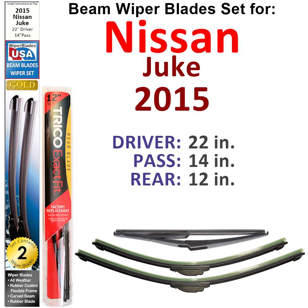Set of 3 Beam Wiper Blades designed for 2015 Nissan Juke, showcasing their flexible and durable construction.