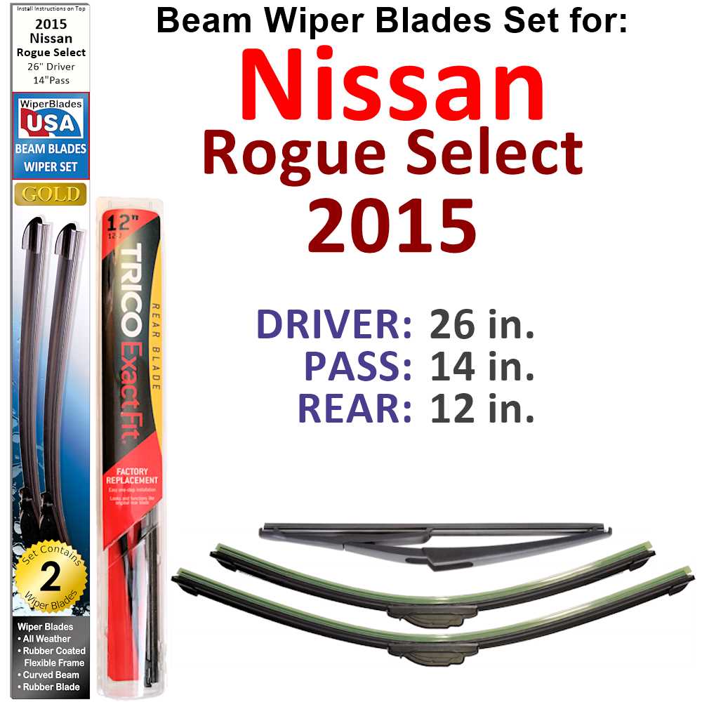Set of 3 Beam Wiper Blades designed for 2015 Nissan Rogue Select, showcasing their flexible and durable construction.