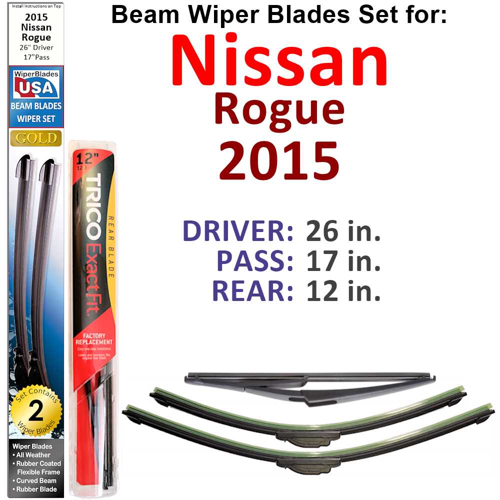 Set of 3 Beam Wiper Blades designed for 2015 Nissan Rogue, showcasing their flexible and durable construction.